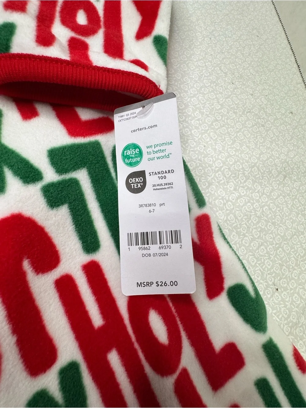 Carter’s Fleece Nightgown Holly Jolly red green lettering size 6-7 NEW With Tag